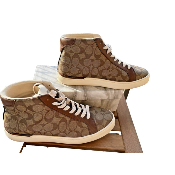 Men's Coach Clip High Top Sneakers Khaki/Saddle G5385 size 10.5D EU-44 - Picture 1 of 14